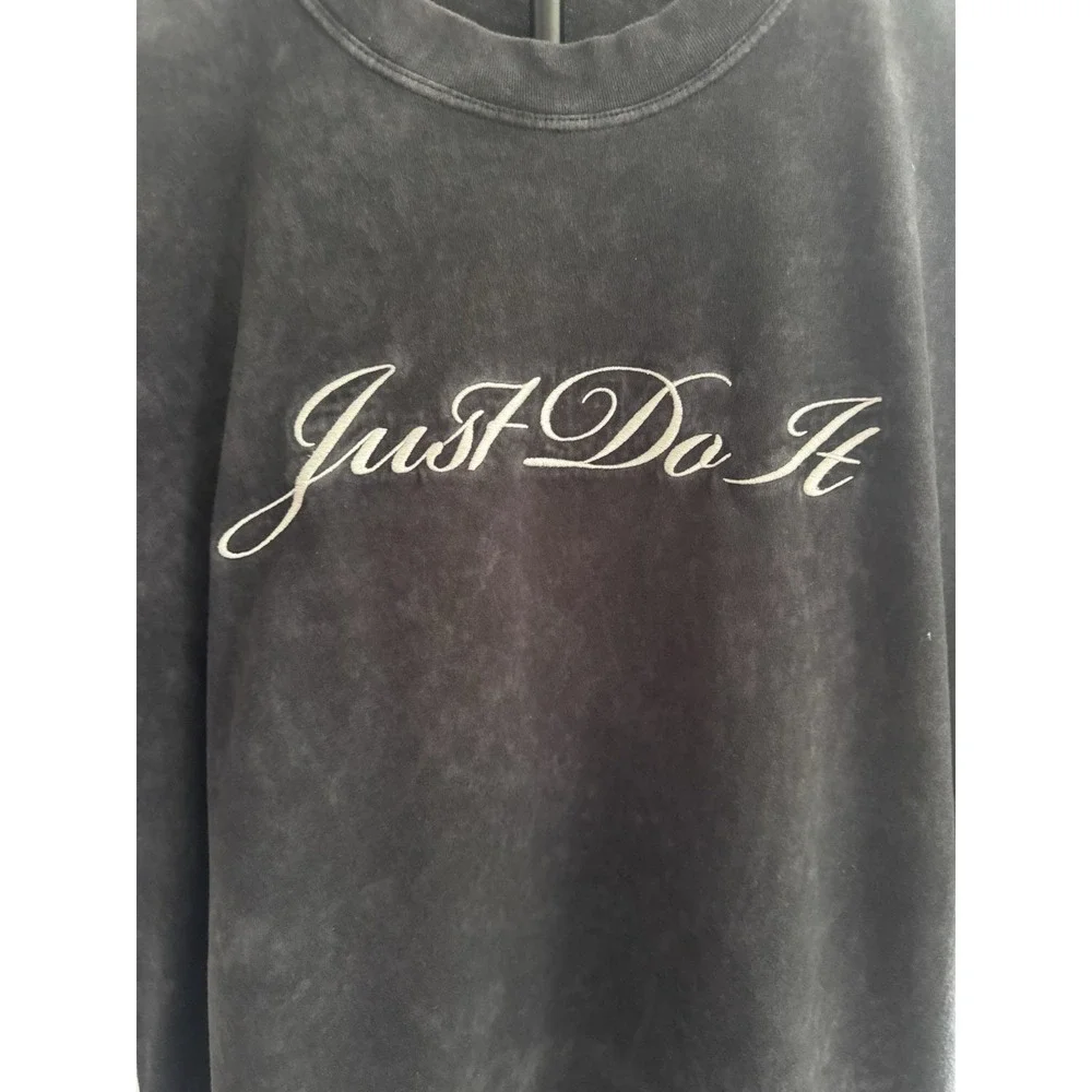 Nike Just Do It Script Tee Women's Small Black Acid Wash Loose Fit Cotton Shirt